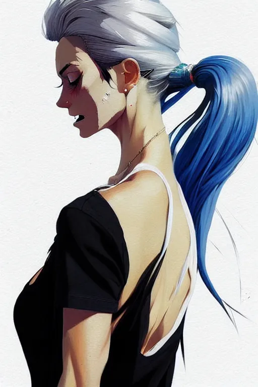 Image similar to a ultradetailed beautiful painting of a stylish woman in with white hair in a ponytail, she is wearing a black tank top and jeans, by conrad roset, greg rutkowski and makoto shinkai trending on artstation