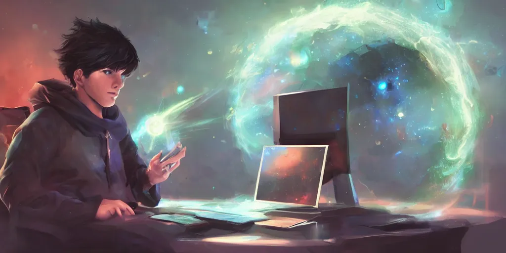 Prompt: a young mage creating a universe in his pc, a male mage in his 2 0 s with black hair sitting in front of monitor. extremely detailed, award - winning art, trending on artstation