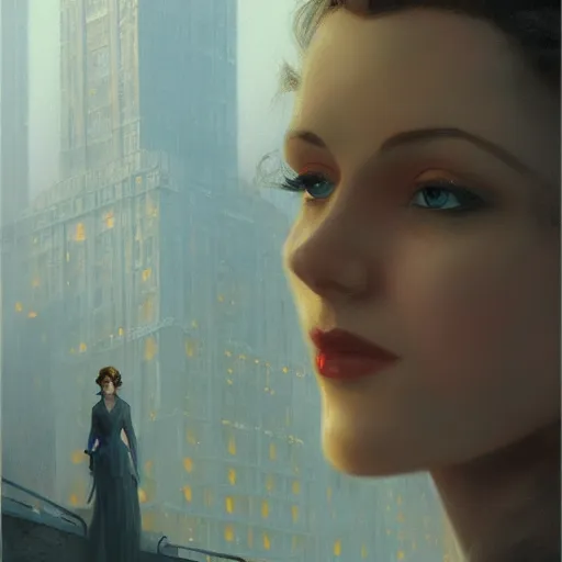 Prompt: closeup portrait of a young vivien leigh, 1 9 2 0 s, femme fatale, city background, megacity, high fantasy, dramatic light, gorgeous view, depth, high detail, digital art, painted by greg rutkowski, trending on artstation