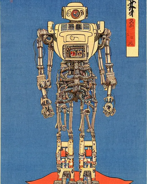 Image similar to Hiroshige portrait of a robot saint made of cables and robotic pod by Jack Kirby