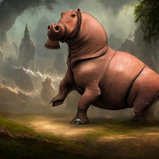 Image similar to fantasy art 4 k photo of knight armored hippos ready for battle