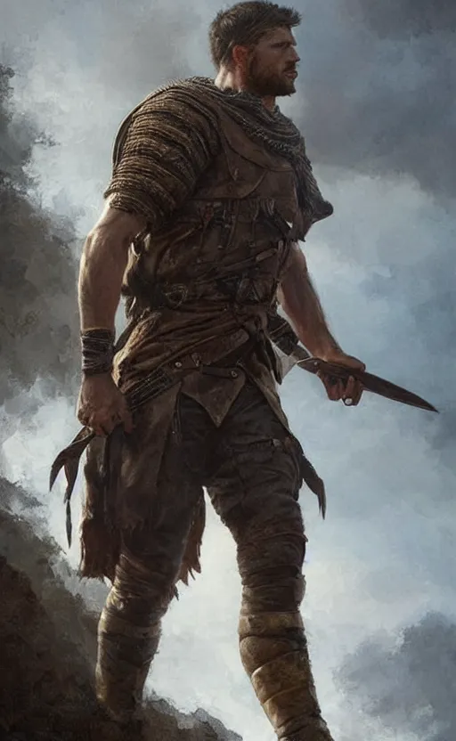 Image similar to Portrait of a rugged ranger marching toward the viewer, male, muscular, blue eyes!!!!, straight nose!!!, detailed face, exposed thighs!!!, fantasy, medieval, highly detailed, cinematic lighting, digital art painting by greg rutkowski