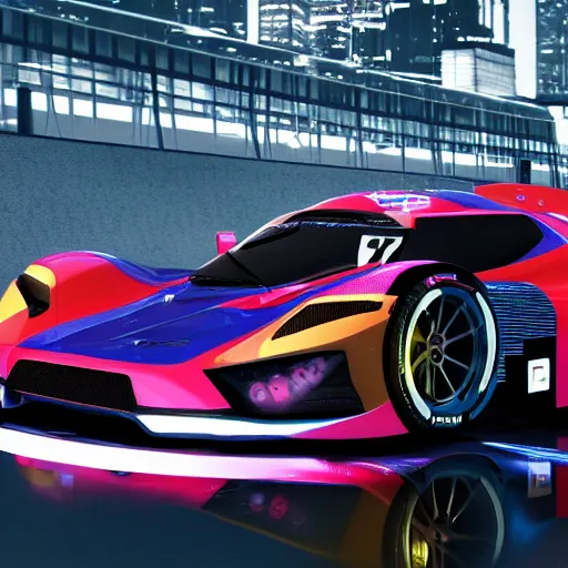 Image similar to cyberpunk quadra GT racecar, with realistic reflections, realistic scene, photorealism, 4k resolution