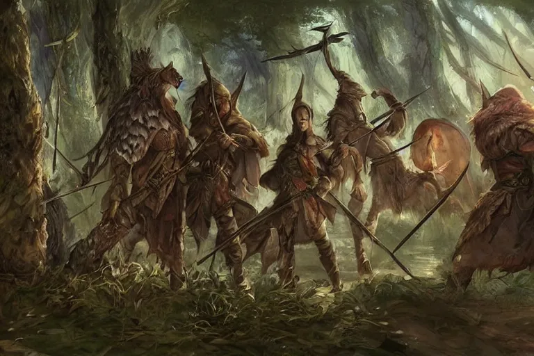 Prompt: dungeons and dragons fantasy painting, mice ranger archers emerge from the forest, longbows, hooded cloaks, whimsical and cute, determined expressions, watery eyes, anime inspired by krenz cushart, brown fur, tufty whiskers, feathered arrows, bamboo forest river shore, dawn lighting, by brian froud jessica rossier and greg rutkowski