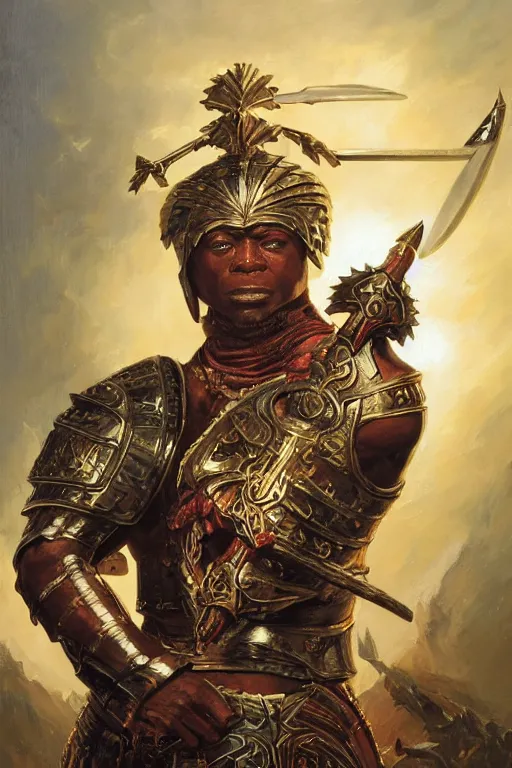 Image similar to a powerful and muscular make igbo warrior , half body portrait, blond hair, ornate armour, realistic oil painting by Thomas Cole and Wayne Barlowe and Boris Valejo