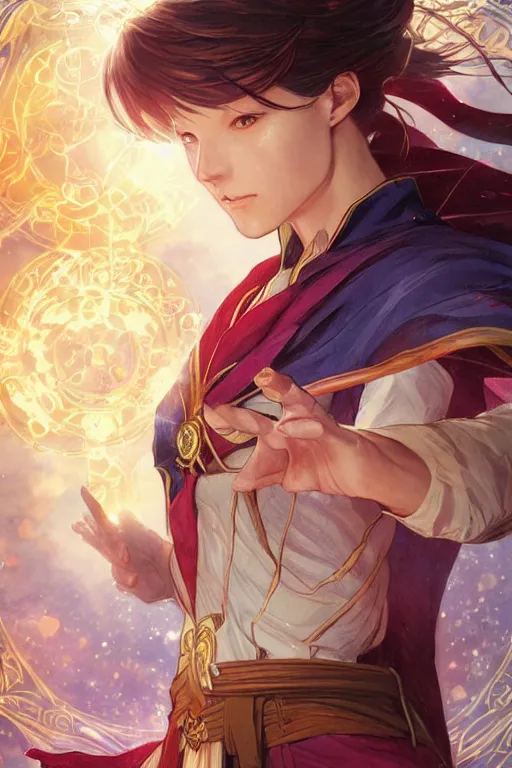 Image similar to anime key visual of a beautiful young female doctor strange, marvel comics, spells, magic, intricate, magical village, stunning, highly detailed, digital painting, artstation, smooth, hard focus, illustration, art by artgerm and greg rutkowski and alphonse mucha