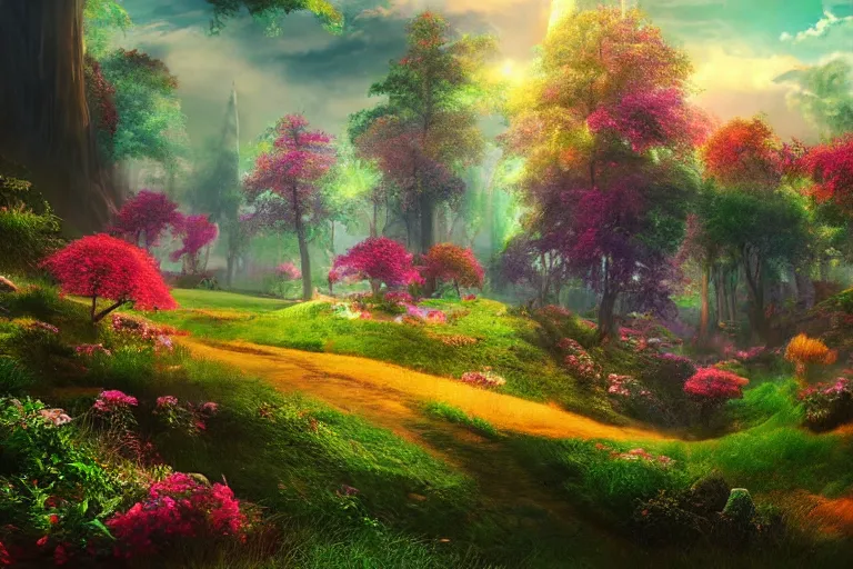 Image similar to Landscape of a beautiful enchanted fantasy world. Colorful. Cinematic lighting. Photorealism.