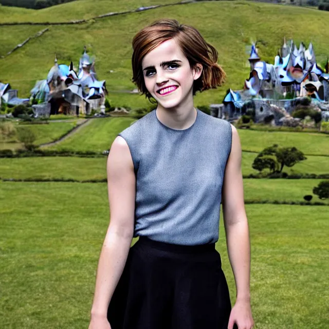 Prompt: Joyful!!! smiling Emma Watson wearing cyborg prosthetic. From Her (2013). Clear Hands. Clear body. Clear Clothes. Hobbiton as Background. Cinematic. Professional Photo. UHD. 8k. Clear Face.