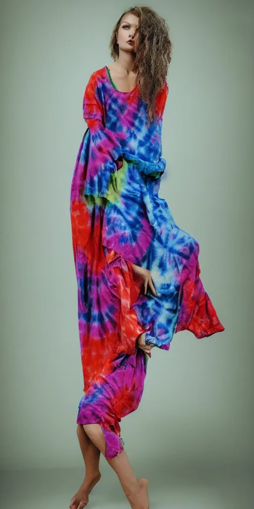 Prompt: a beautiful woman model dressed in a tie - dye dress, studio photo, hyperrealistic