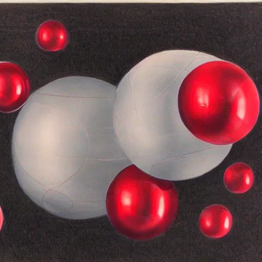 Prompt: chrome spheres on a red cube, drawn with graphite pencil