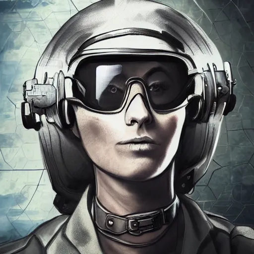 Image similar to highly detailed character concept art of stoic heroic emotionless square-jawed butch blonde tattooed woman engineer looking to side, wearing steampunk goggles and dirty ripped flight suit, on primitive planet, portrait, illustration, pulp sci fi, science fiction