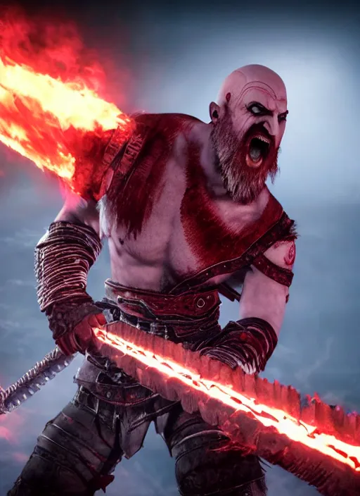 Image similar to red right eye paint stripe armored screaming kratos rocking hard on a flaming stratocaster guitar, cinematic render, god of war 2 0 1 8, playstation studios official media, lightning, flames, clear, coherent, guitar