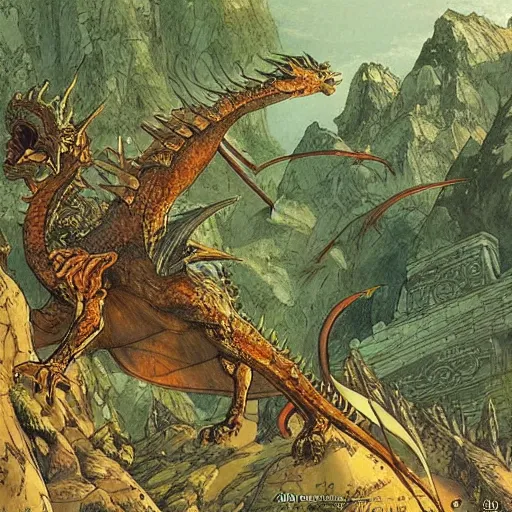 Image similar to “ epic dragon fighting scene over forest and ancient city by moebius and victo ngay ”