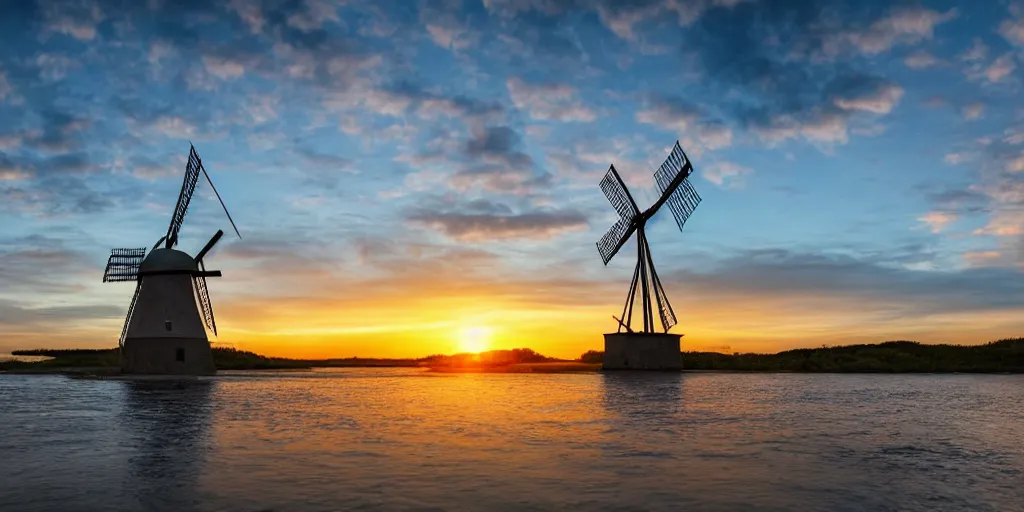 Image similar to Beautiful award winning photograph of a pretty sunset with an island floating in the sky, with a windmill on top, 4k