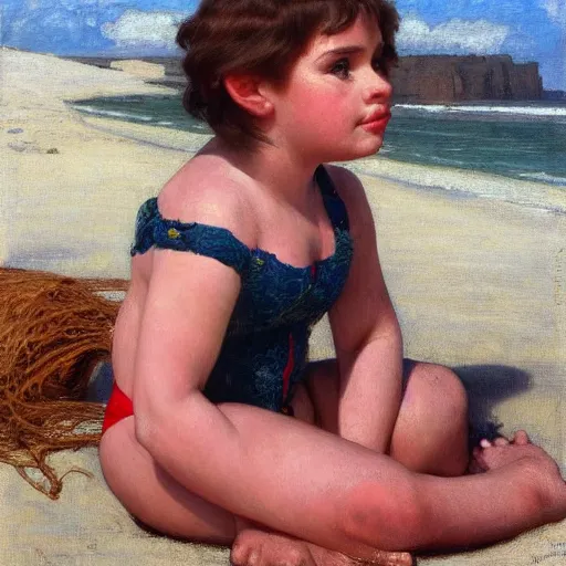 Image similar to portrait of cute young chubby courtney cox in red swimsuit sitting on a beach, intricate, hyperdetailed, photorealistic, diffuse lighting, hdrp, artstation, unreal 5, smooth, textless, sharp focus, art by john collier, albert aublet, krenz cushart, artem demura, alphonse mucha