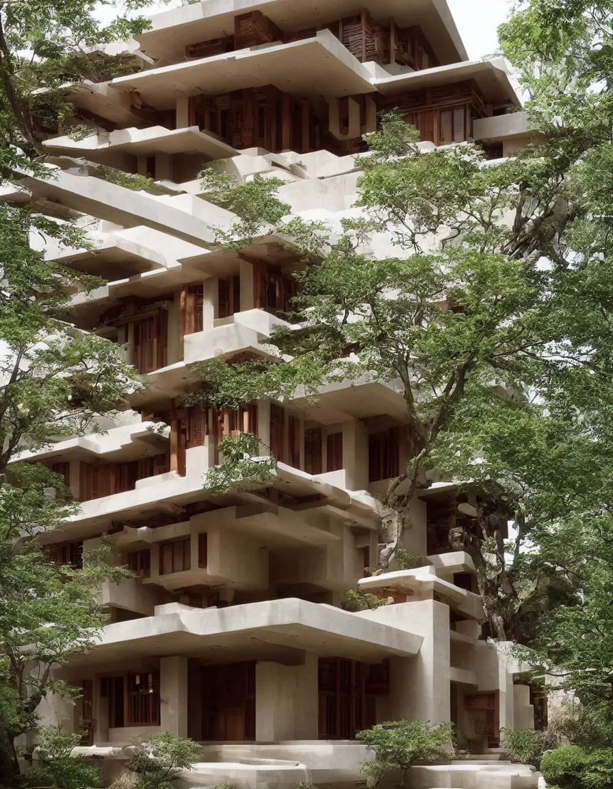 Image similar to a flowing villa with architectural design ， by frank lloyd wright ， trending ，