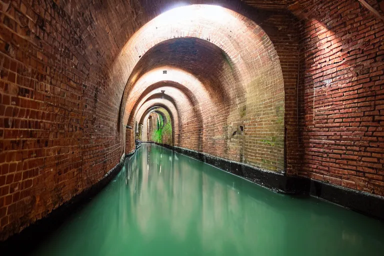Prompt: underground water sewer tunnels, railing along the canal, brick walls, arches, detailed architecture, brass pipes on the walls, a slight green glow emanates from the water, artificial warm lighting, vivid materials