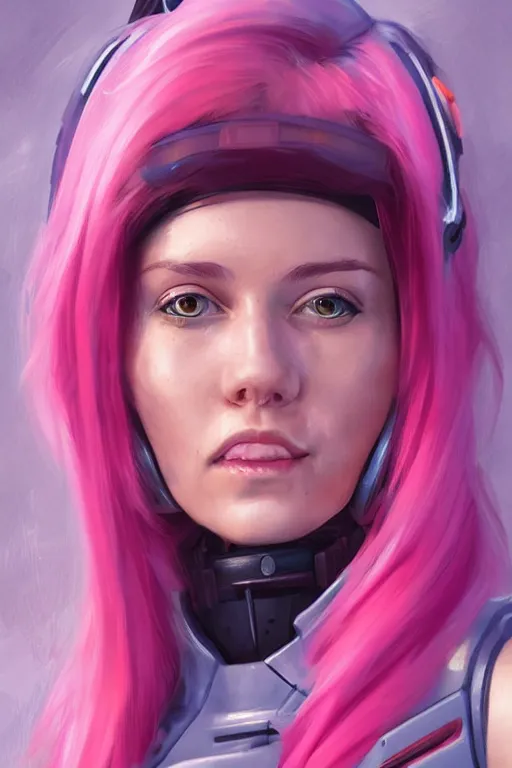 Prompt: a portrait of an attractive female sci fi pilot with pink hair, bangs, playful, grinning, illustration by aleksei vinogradov, trending on artstation