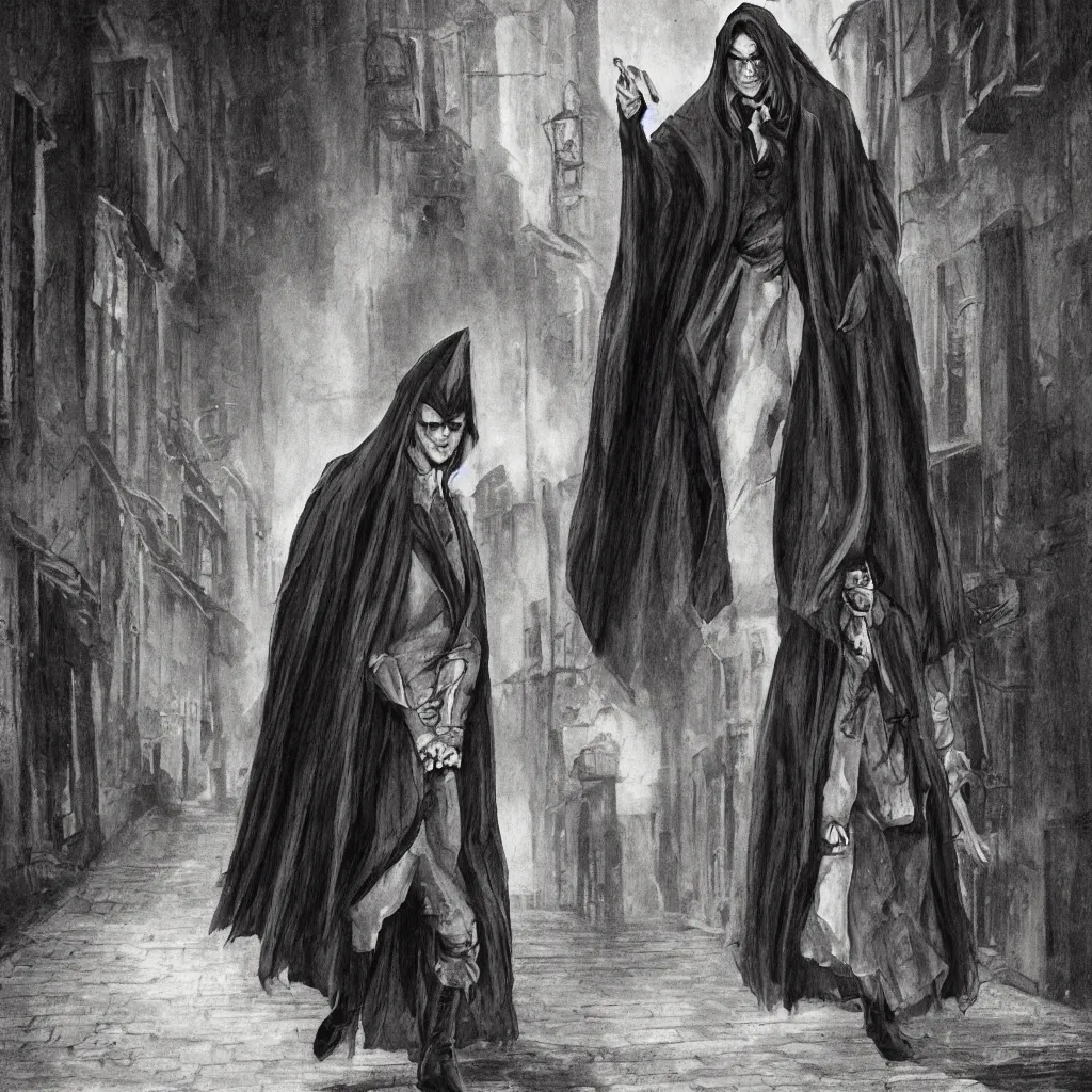 Image similar to a vampire thief wearing a cloak and covered in bandages walking through an alley.