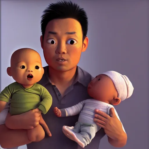 Image similar to shocked asian man holding african baby at hospital, he can ’ t believe his eyes, award winning art, pixar, 3 d render, unreal engine