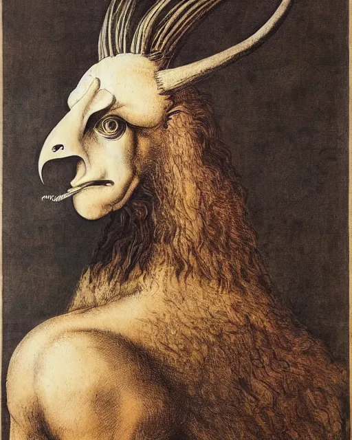 Prompt: a creature with the body and eyes of a man, with the beak of an eagle, the mane of a lion, and the horns of an ox. drawn by francis bacon and da vinci