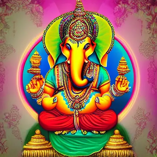 Prompt: Illustration of colorful hindu lord Ganesha on decorative background- Graphical modern art 3D