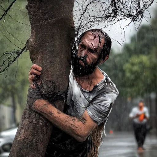 Prompt: The installation art shows a man caught in a storm, buffeted by wind and rain. He clings to a tree for support, but the tree is bent nearly double by the force of the storm. The man's clothing is soaked through and his hair is plastered to his head. His face is contorted with fear and effort. Babylonian by Bruno Munari, by Kazuo Koike energetic