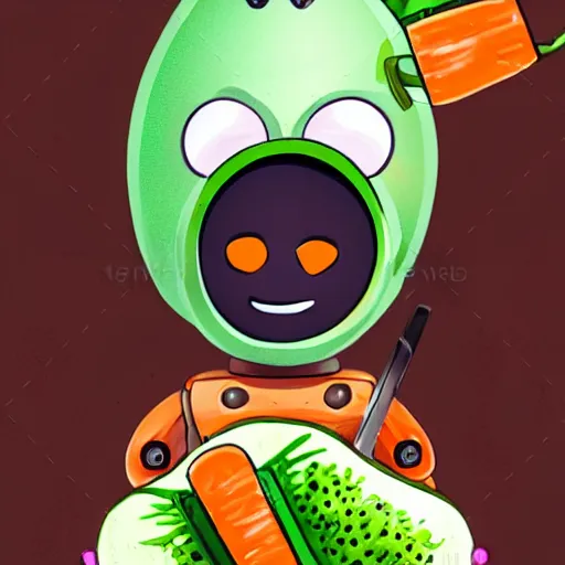 Image similar to little happy robot with big avocado hat and a carrot sword, made in abyss style, detailed background