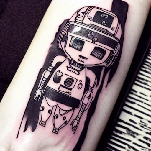 Prompt: Anime manga robot!! Anime girl tattoo, cyborg girl, exposed wires and gears, fully robotic!! girl, manga!! in the style of Junji Ito and Naoko Takeuchi, cute!! chibi!!! Schoolgirl, tattoo on upper arm, arm tattoo