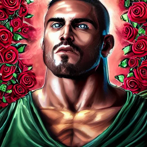 Prompt: handsome portrait of a spartan guy bodybuilder posing, surrounded by roses, intricate details, trending on artstation, sharp focus, caustics, radiant light, translucence, style of vento aureo cover art, style of stone ocean cover art, style of steel ball run cover art, ilya kuvishinov style, illustrated by hirohhiko araki