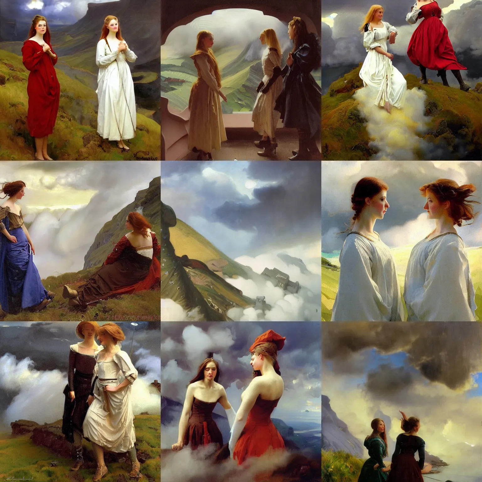 Prompt: two scandinavian attractive medieval young women, painting by sargent and leyendecker and greg hildebrandt savrasov levitan above the low clouds on madeira faroe azores islands overcast thunder storm