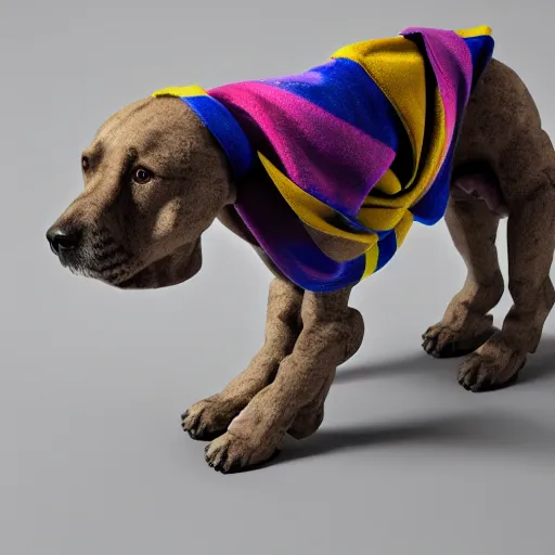 Image similar to robotic dog wearing a large scarf around its neck. 3 d render, oktane, post - processing, 8 k, cinematic lighting