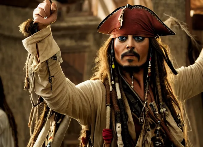 Image similar to film still of Margot Robbie as Captain Jack Sparrow in new Pirates of the Caribbean movie, 4k