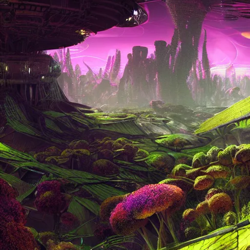 Prompt: lush organic alien skyline, flowers cryengine render by android jones, syd mead, and john stephens