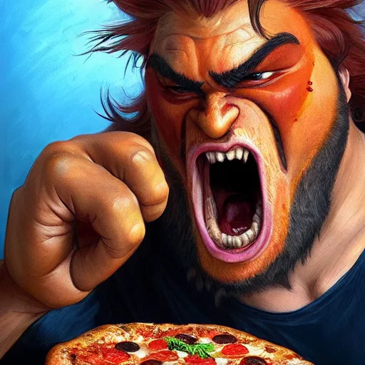 Image similar to portrait of gritty opening his mouth to eat pizza, also smashing pizza with his fists, highly detailed, digital painting, artstation, concept art, sharp focus, illustration, art by artgerm and greg rutkowski and alphonse mucha