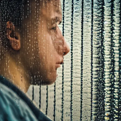 Prompt: young person looking through water wall, with clear glass, melancholic, sad, lots of raindrops, detailed, cinematic, dramatic lighting
