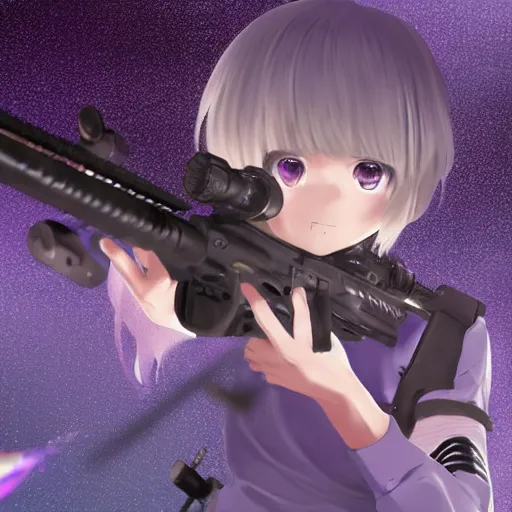 Prompt: advanced digital anime art, WLOP , a small school girl with silver hair wearing a violet dress and bare feet laying on the floor and aiming through a PSG1 sniper rifle, DOF, Gaussian Blur, —H 1080 —W 1920