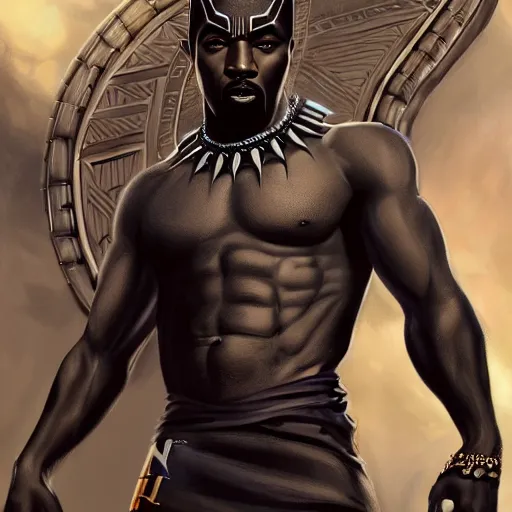 Prompt: 2 pac as black panther, full length wide shot, digital painting, extremely detailed, 4 k, intricate, brush strokes, mark arian, artgerm, bastien lecouffe - deharme