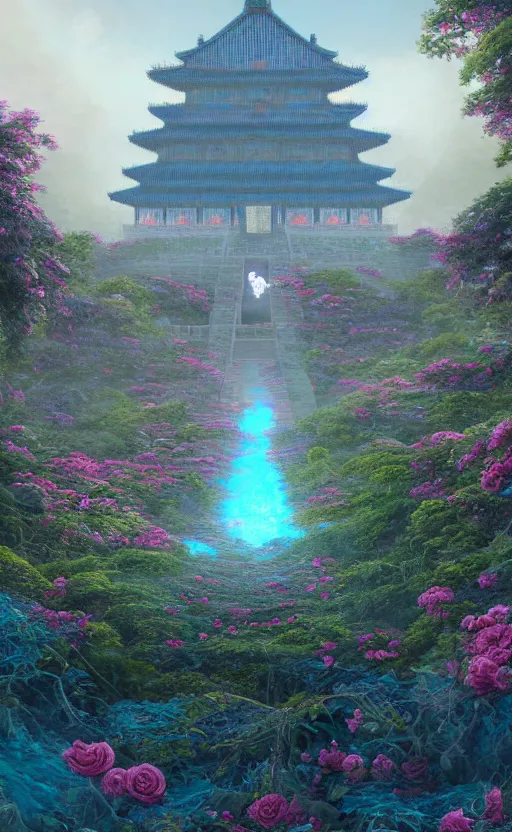 Image similar to vanishing point, palace covered with aqua blue roses like the forbidden city in distance at the red rose royal manor, viewed from afar, stephen bliss, misty, unreal engine, fantasy art by greg rutkowski, loish, ferdinand knab, and lois van rossdraws,, global illumination, radiant light, minimalist, detailed and intricate environment