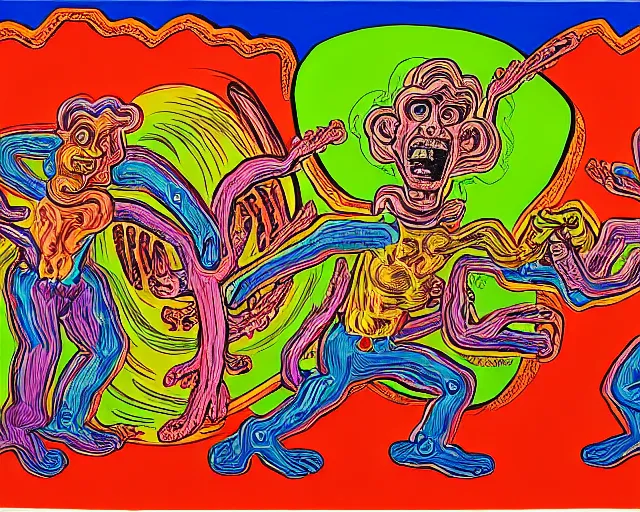 Image similar to two angels fighting each other painted by Peter Saul, Robert Crumb, Philip Guston, Joakim Ojanen, outsider art, very coherent symmetrical, 8k, extreme detail, intricate detail, masterpiece
