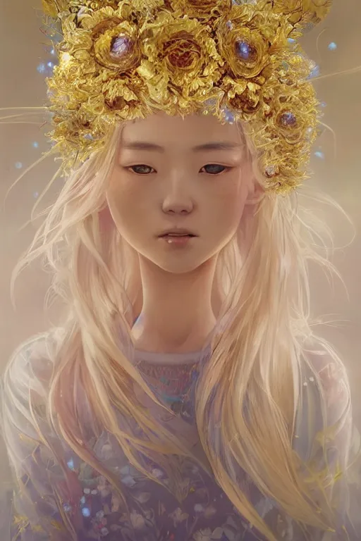 Prompt: a pale Japanese girl with golden hair, floral crown, sad blue eyes, cinematic lighting, ultra detailed, highly detailed, sharp focus, golden background with flowers, golden jewellery with blue sapphires, photographic, art by artgerm and greg rutkowski and zdislav beksinski