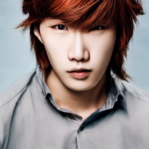 Prompt: a beautiful picture of a jong red blond man wiht a sharp face and brown eyes, long hair, pointy nose