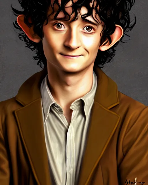 Image similar to portrait Anime joyful Hobbit Frodo Baggins; velvet brown jacket, backpack, Shire background || cute-fine-face, pretty face, realistic shaded Perfect face, fine details. Anime. realistic shaded lighting by Mark Arian