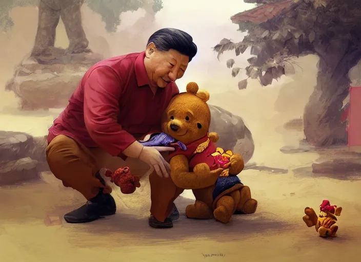 Image similar to portrait of Xi Jinping playing with Winnie the Pooh in a trashy Chinese dirt poor temple, beta weak male, digital painting, concept art, smooth, sharp focus, illustration, from Metal Gear, by Ruan Jia and Mandy Jurgens and William-Adolphe Bouguereau, Artgerm