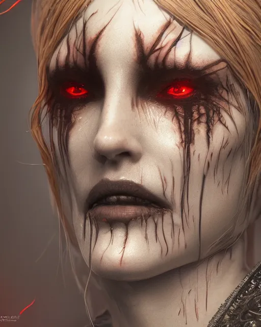 Prompt: headshot portrait of nightmare queen inspired by daemonology and catholicism, detailed, textured, realistic, unreal engine, cgsociety, cinematic lighting, concept art