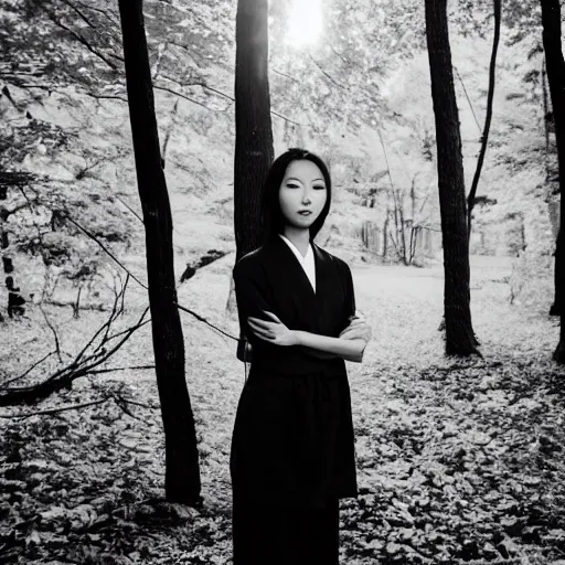 Prompt: black and white photo full shot of beautiful Japanese women with perfect eyes and simetrical face, standing in the forrest, shot by Akira Kurosawa perfect cinematic light, 8k, highl details, sharp focus