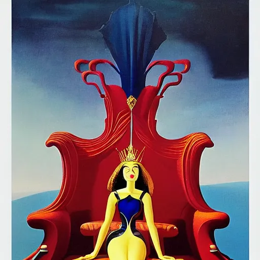 Image similar to an oil painting of a queen in a thierry mugler dress sitting on a throne, by bruce pennington, by eyvind earle, nicholas roerich, by frank frazetta, by georgia o keeffe, by dean cornwell, eerie, ominous, baghdad, oriental, desaturated, anime