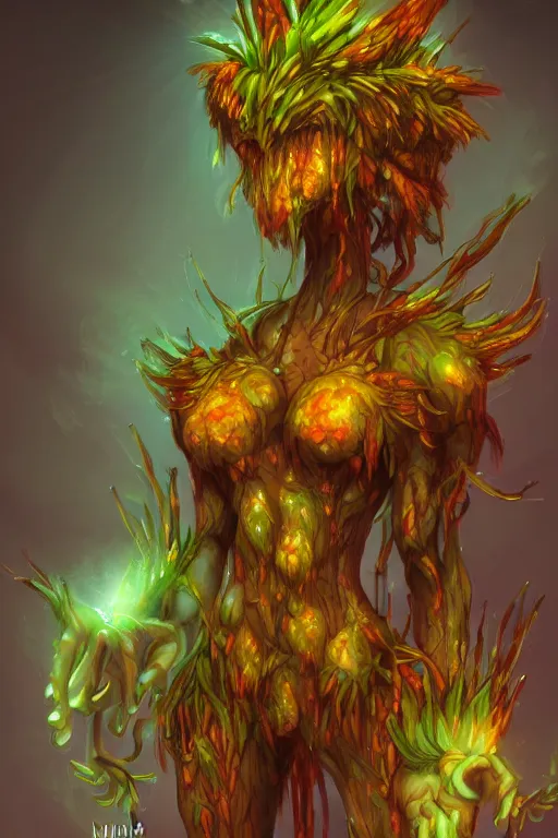 Image similar to a humanoid plant monster, amber glow, highly detailed, digital art, sharp focus, trending on art station, plant, anime art style