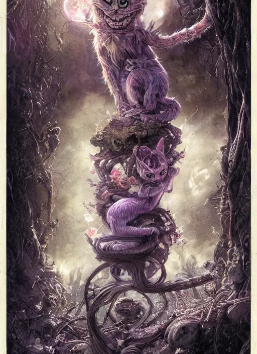 Image similar to cheshire cat the magician tarot card, highly detailed, cinematic, 8 k, by stanley artgermm, tom bagshaw, greg rutkowski, carne griffiths, ayami kojima, beksinski, giger, trending on deviantart, hyper detailed, horror, full of colour