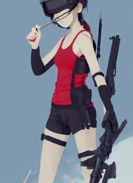 Prompt: a girl with red sports clothes, airsoft mask, reflective lens, softair center landscape, illustration, concept art, anime key visual, trending pixiv fanbox, by wlop and greg rutkowski and makoto shinkai and studio ghibli and kyoto animation, airsoft cqb, short hair, airsoft electric pistol, realistic anatomy